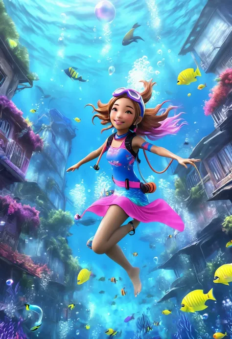 (realistic fantasy) A cute Yuna (brightly colored skin, cute colorful dress), yuna is portray a Snorkel cartoon TV character, happily going abut her city life while breathing bubbles out the snorkel on the top of her head
