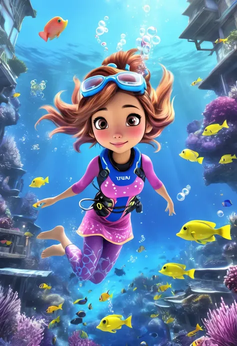 (realistic fantasy) A cute Yuna (brightly colored skin, cute colorful dress), yuna is portray a Snorkel cartoon TV character, happily going abut her city life while breathing bubbles out the snorkel on the top of her head
