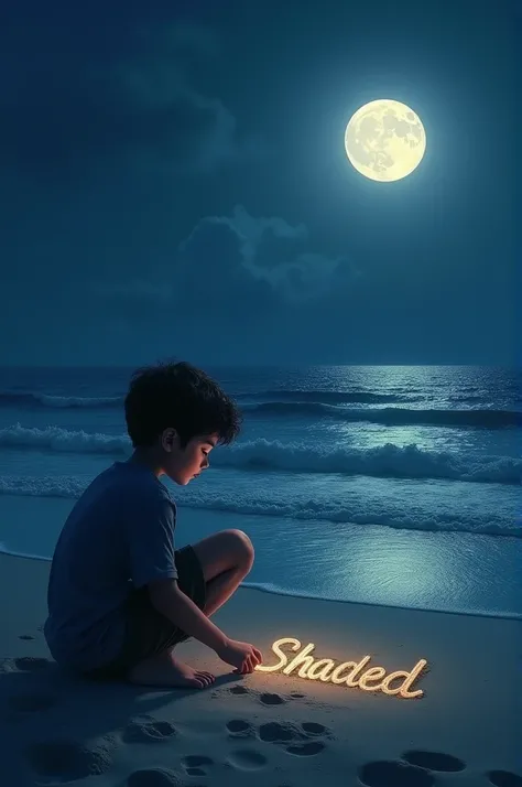 a boy of 15  year writing in the sand of sea with a pen" SHAHED" in night sky full moon