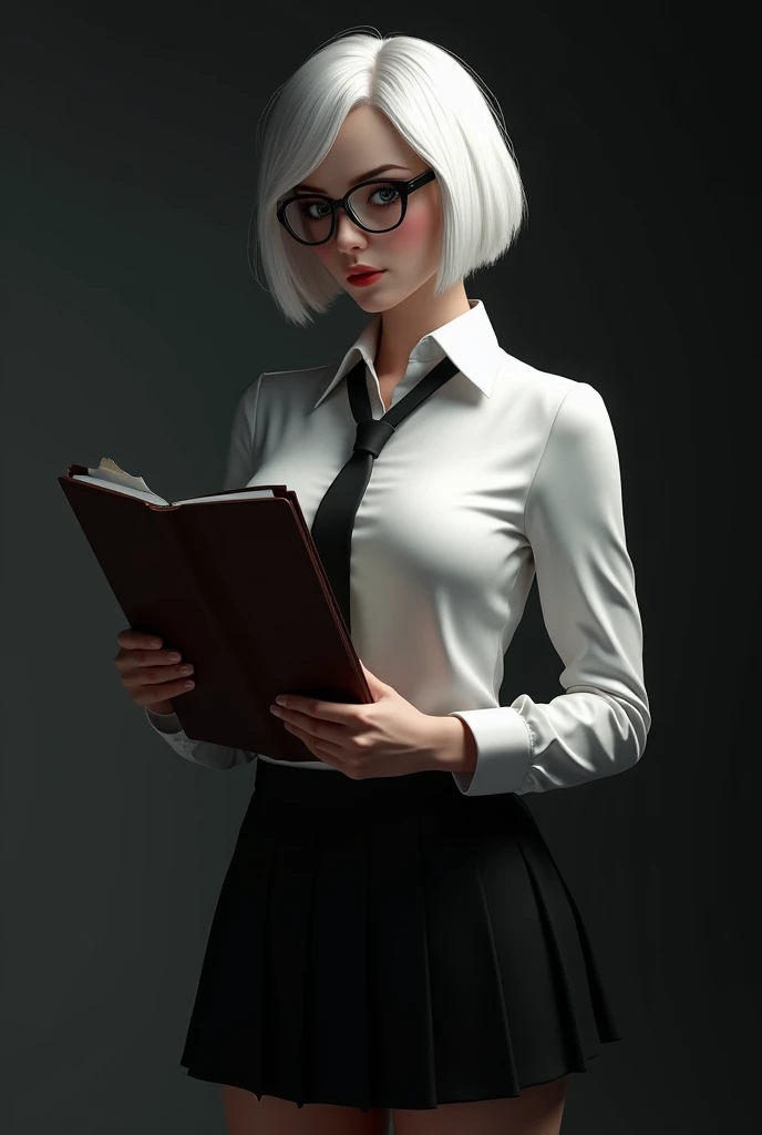 a girl, white shirt, black tie, short white hair, glasses, black skirt, realistic detailed face, standing with folder, no underwear, nipple slips, enormous breasts, skinny, hyper realistic, highly detailed, photorealistic, octane render, 8k, masterpiece, s...