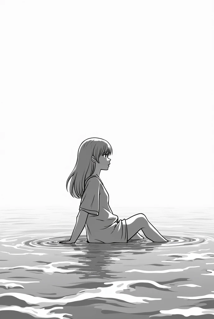 draw a girl in black and white manga style sitting in the sea from a distant perspective 