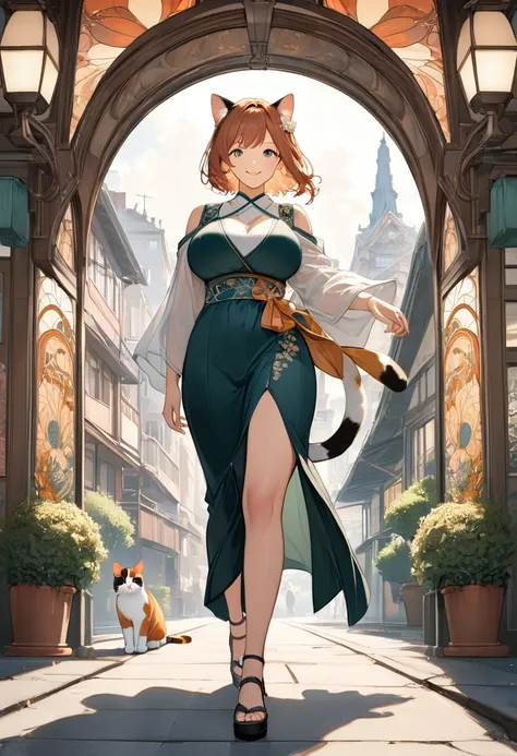 masterpiece, highly detailed, ultra detailed, beautiful, 8K, background photo, city, woman, cat, big breasts, big butt, cute woman, calico cat, concept art, hopeful, smiling, walking, looking at viewer, sensual, Japanese, urban, art academia, raw photo, ar...