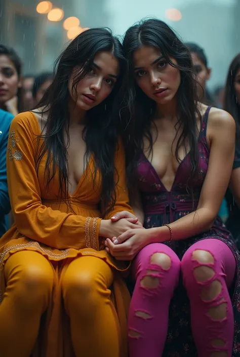 Two slim Pakistani school girls, around 18 years of age, with feet attending a wedding. Wearing stilettos and tight shiny colorful leggings. Full length picture of them sitting together and holding each others hand. Hair and clothes wet from rain. Stiletto...