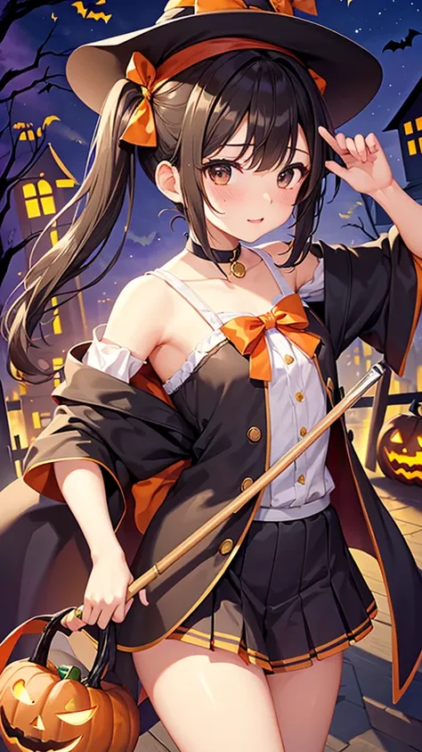 masterpiece,Highest quality,girl, Middle school students,small,Short pigtails,Mole under the eye,Brown eyes,small胸,( Halloween:1.2),wearing a wizards costume、have a magic wand