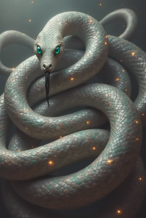 The Serpent-Temptor, green eyes, Black mother-of-pearl scales, The scales shimmer, Without background, more black, all space, huge snake body, Only a snake, looks directly into the frame, Dark, from the darkness, тело змея занимает all space, black in blac...