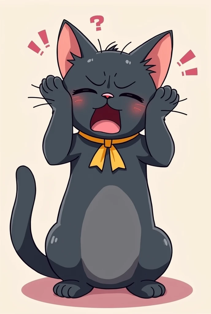 bright, colorful, cute, Illustration of a panicked cat,Covering both ears with both hands, Eyes closed, Russian Blue, character,  Dark grey fur, Yellow ribbon collar, Panic expression, Mouth closed, anime,  Adding the finishing touches, Close-up perspectiv...