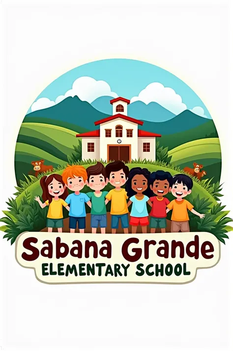 Sabana Grande Elementary School logo with items that identify the community, a school with children, agriculture and mountains