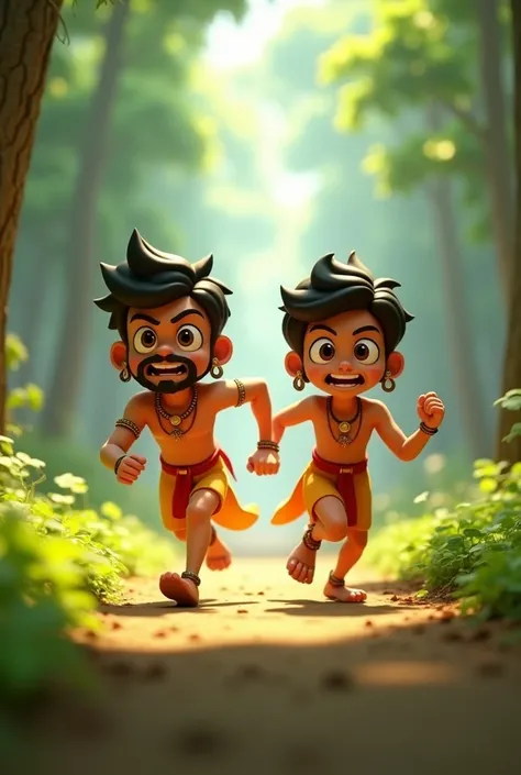 in cinematic 3D cartoon style" Ram and Lakshman in traditional attire, running through the forest in pursuit of the golden deer. Their expressions are determined and focused, with dynamic poses indicating their speed and urgency.

Image of Ravan Abducting ...