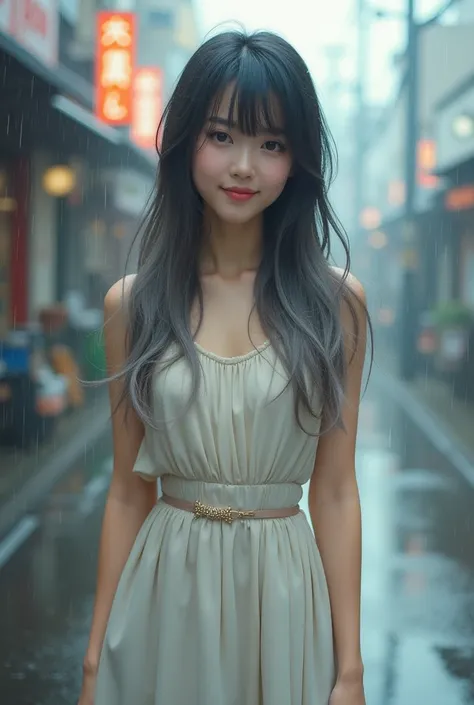 "Full body, sexy Japanese woman, realistic face, long black and gray hair, cute, cheerful, beautiful skin, wearing a dress, naked, standing on the street, in a city with light fog, light rain, sharp picture, straight angle, old color film tone."