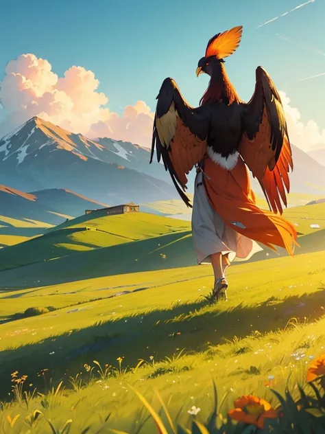 Amidst a vast, open grassland, an elegant tōtenkō (a type of pheasant known for its striking plumage) stands proudly. Its vivid red and orange feathers glisten in the sunlight, creating a beautiful contrast against the deep green of the sprawling meadow. T...