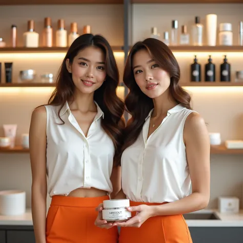 professional advertising photo two girls managers in a white top and orange skirt, against the background of shelves with cosmetics in a modern store, beauty photo, Realistic light, advertises face cream, background light blurred
