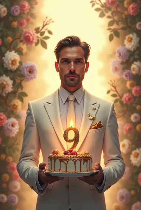 A man in a white suit stands facing forward holding a birthday cake in his hand, with a heavenly backdrop of flowers or a flock of cats. The number 9 is on the back.