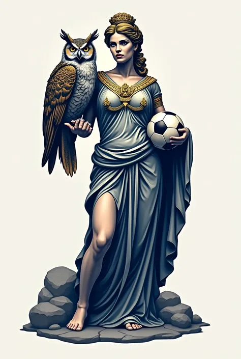 Create sports logo of athena holding soccer ball and owl with blue-grey and gold colors