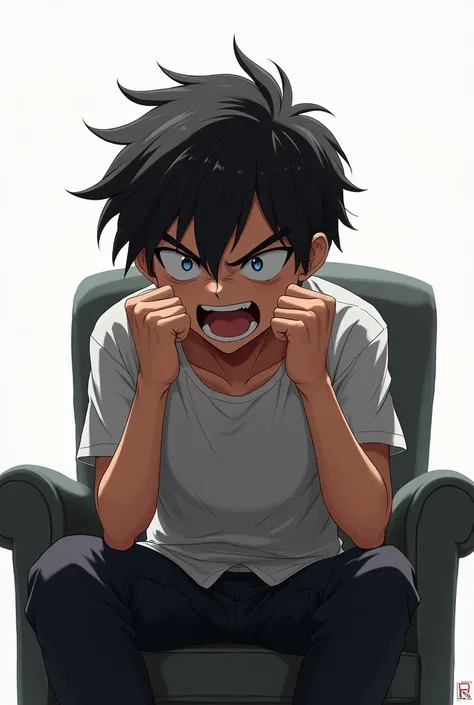 Anime character sitting on a chair and talking with anger