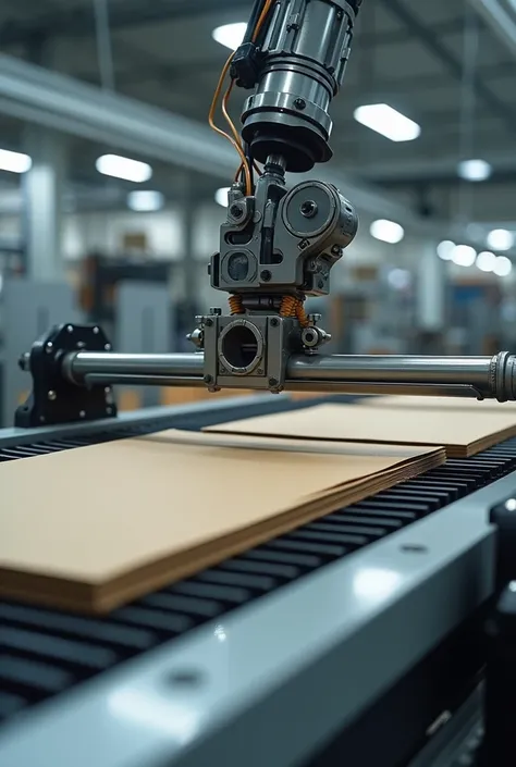 A conveyor belt process with a cardboard die-cutting press on a robotic arm 