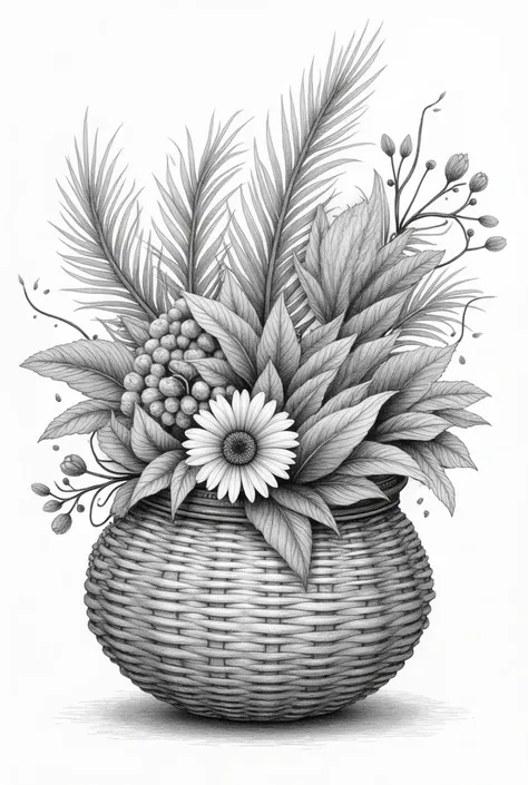 Hi, I would like to request a pencil drawing of an empty basket, but with decorations on it that represent Brazil. Could you please decorate the basket with things like tropical plants, Brazilian patterns, carnival decorations, and other iconic symbols of ...