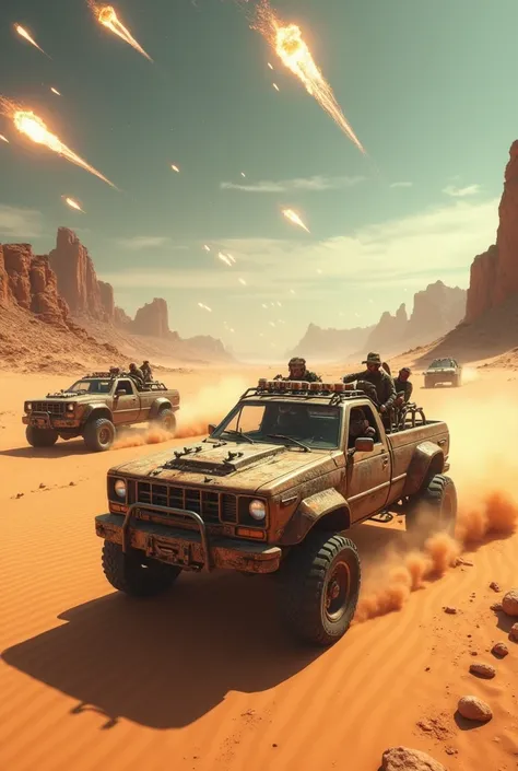 Mad Max style cars in the 4K dune desert and meteors falling from the post apocalyptic sky