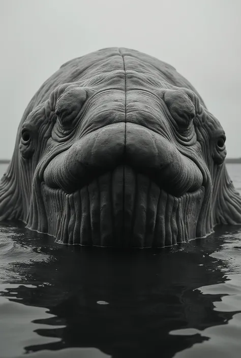 the closed mouth of an old whale in sight, in black and white