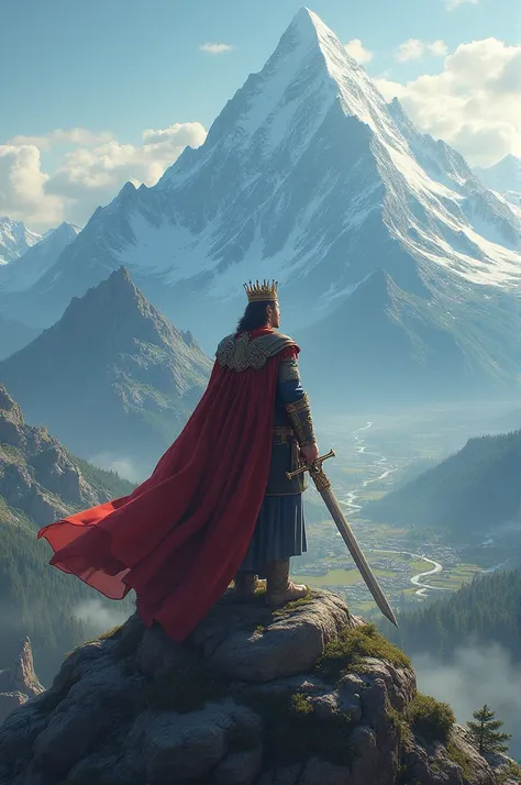 A king standing at the top of the mountain with a sward and looking at a kingdom 