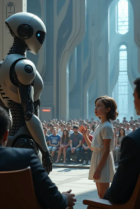  A robot and a girl are debating in the future court room with full of humans and robots 