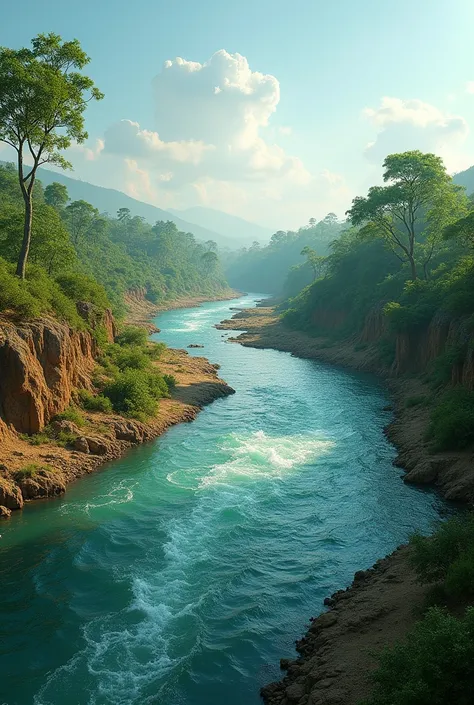 "A grand, wide view of the Kaveri river spreading across the barren land, transforming it into a fertile, green landscape. Trees and plants grow along the riverbank, and the river flows majestically under a bright, clear sky. The scene is filled with life ...