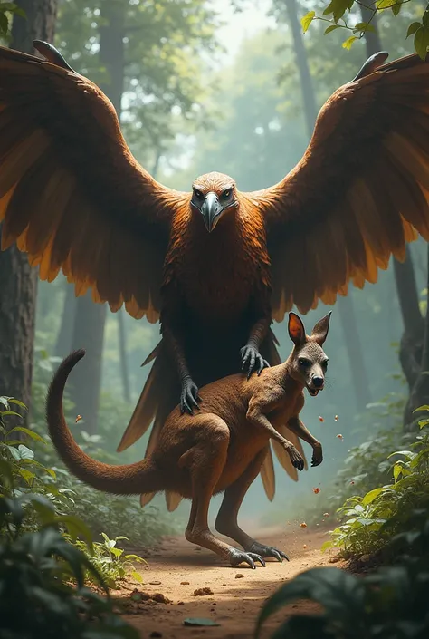 The garuda bird strangles the kangaroo using its feet