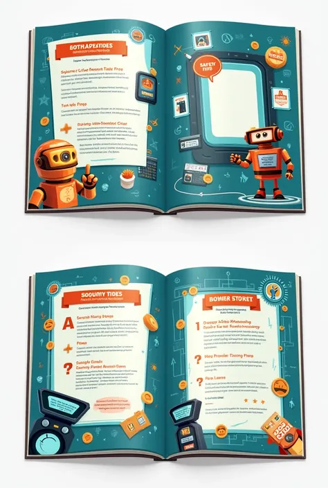 Give me sample artistic panes or section spaces for me to design a ‘safety tip’ and ‘ code snippet’ section of a kid’s arduino book. Give me separate design samples for each sections mentioned