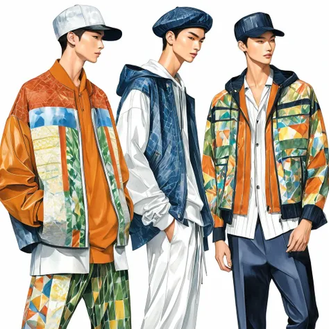 candid fashion illustration of young male supermodels, tall and slender, ((showcase front and back view)), fashionable symmetric...