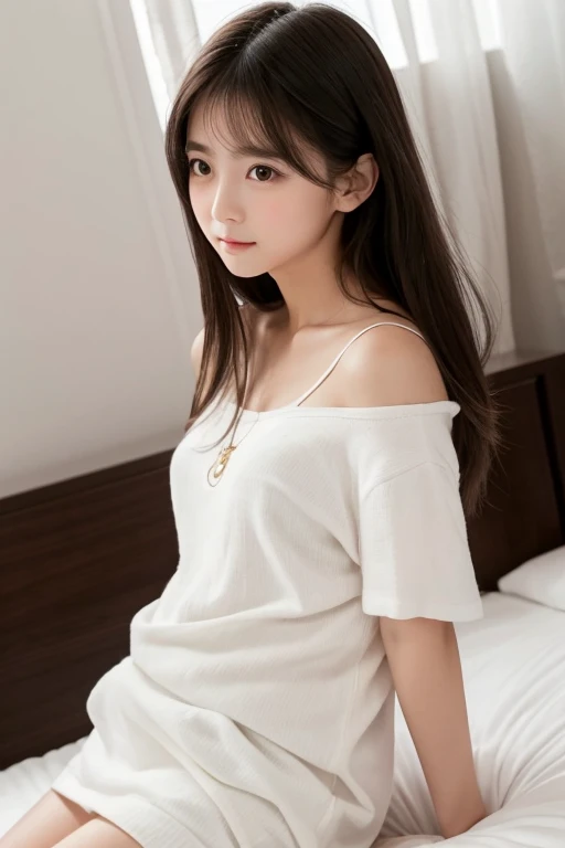 A short woman with a baby face, sharp almond-shaped eyes, high cheekbones, soft features, long hair, lies on her back on the pure white bed with her casual clothes about to take off a little, and shyly looking away in a romantic mood. The camera captured t...