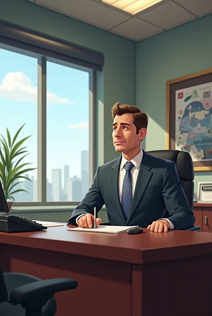 Bank manager sitting behind a desk with a sign saying manager, On the back of the wall there is a window and next to it a picture of a bank financial institution, on his left side there is a keyboard and a telephone 