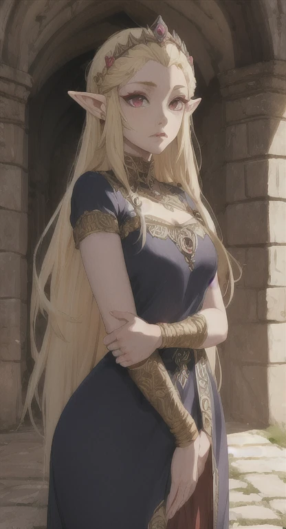 Ancient Hylian, princess Hylia, blonde, red eyes, looking at viewer, POV, ancient princess dress, long messy hair, ancient Hyrule, medieval castle, 