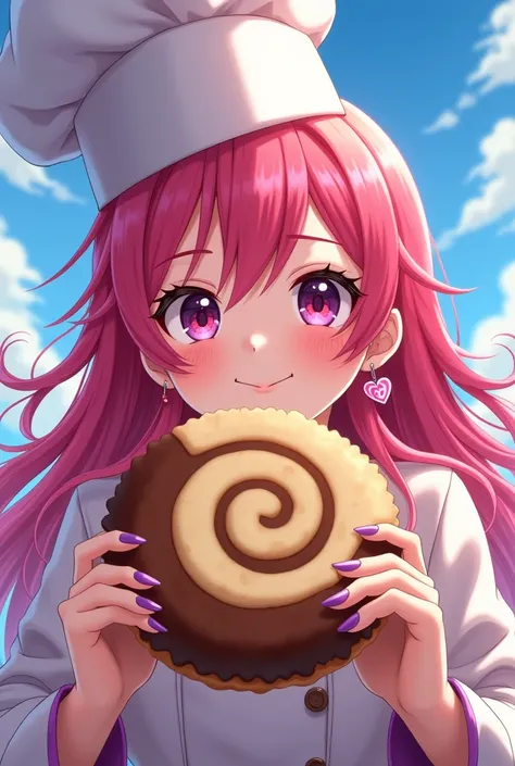 Filipino anime girl and tall chef hat with pink hair purple nails with cookie with KL logo inside and very happy and the cookie with spiral with brown and white color a heart earring 