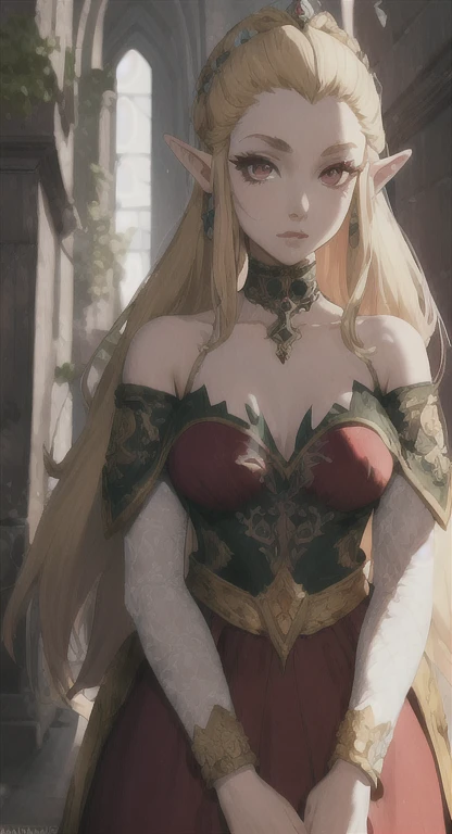 Ancient Hylian, princess Hylia, blonde, red eyes, looking at viewer, POV, ancient princess dress, long messy hair, ancient Hyrule, medieval castle, 