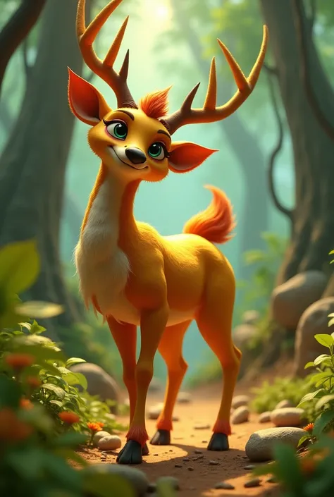 in cinematic 3D cartoon style"Ravan, disguised as a golden deer, with an expression of cunning and deceit. The background shows the forest environment, with trees and foliage. His posture should convey a sense of slyness as he lures his prey.

Image of Ram...