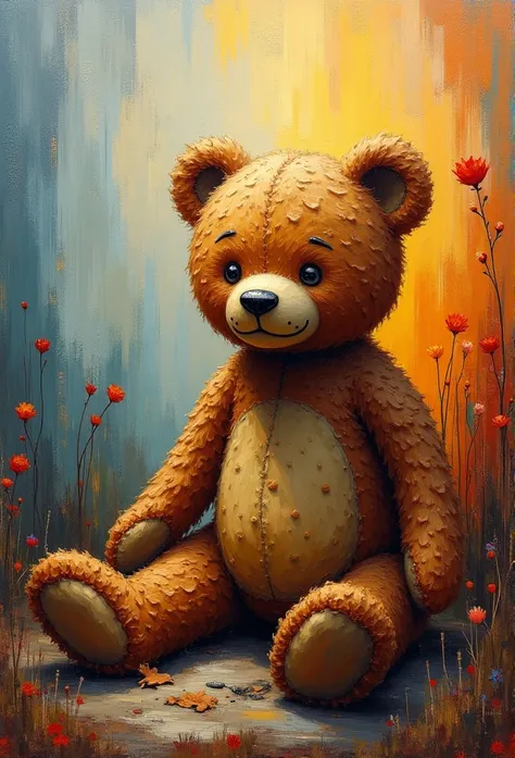 impressionist style,knife-touch oil painting,rough color tones,wild impression,19th century art,teddy bear on canvas,pictorial,artistic,high-definition realism,photorealistic,detailed painting,intricate details,dramatic lighting,warm colors,soft textures,d...