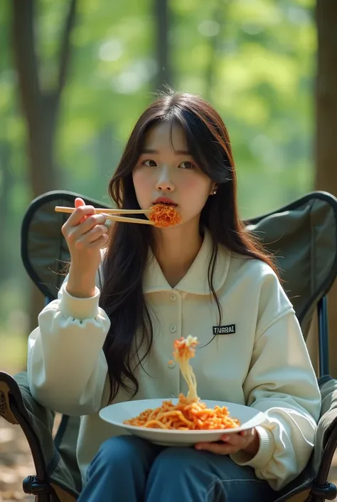 realistic photo, Korean idol singer IU is seen camping in a forest park, eating kimchi as a side dish and ramen as a staple with chopsticks.