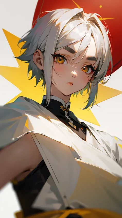 Boyish girl Very short hair Age: 15 Silver hair color With yellow mesh Very short hair parted in the center with thin braids in the bangs Slightly thick eyebrows White, slightly thick eyebrows Odd eyes Left eye is gray Right eye is yellow Sharp, single, he...