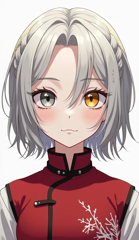 Boyish girl Very short hair Age: 15 Silver hair color With yellow mesh Very short hair parted in the center with thin braids in the bangs Slightly thick eyebrows White, slightly thick eyebrows Odd eyes Left eye is gray Right eye is yellow Sharp, single, he...