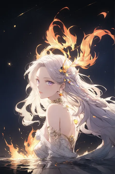 (masterpiece,best quality,absurdres,4k,8k:1.2),1girl,phoenix emperor edelgard_von_hresvelg,Long middle parted white hair,purple eyes,brightly lit fire in the middle of a serene night, fiery sparks rising, a majestic phoenix ((wearing a fiery feathered dres...