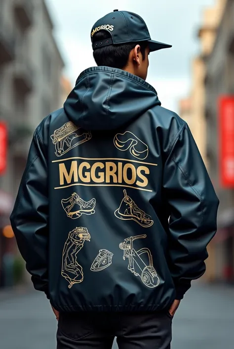 make me an image of a windbreaker style jacket with a hood that represents a luxury brand with a logo in capital letters and legible called MGRIOS THE PERSON WILL HAVE A flat new era style cap where it has the same letters MGRIOS IN LARGE and everything re...