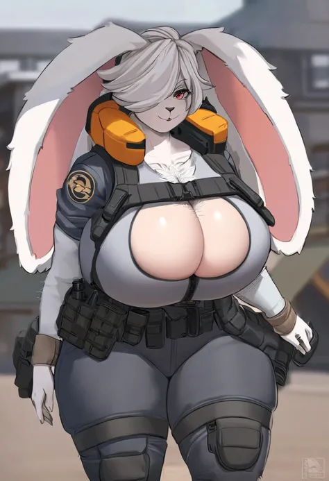 rabbit personification hairy white hair Furry fandom Super huge big breasts breast enlargement Mature protective vest mercenary full-body shot