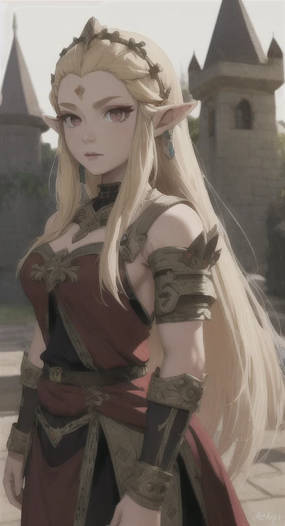 Ancient Hylian, princess Hylia, blonde, red eyes, looking at viewer, POV, ancient princess armor, long messy hair, ancient Hyrule, medieval castle, 