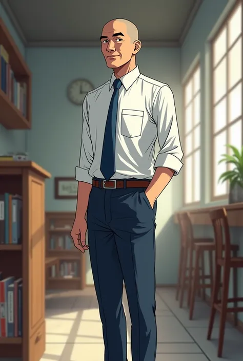 Japan Middle Aged Man, anime, Shaved Head, manga, White collared shirt, Plain blue tie, Navy blue trousers, Brown belt, 40 years old, Brown leather shoes, kind