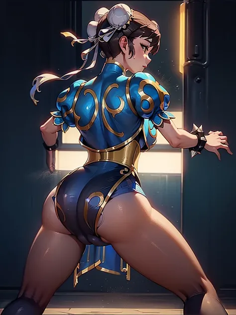 Mongolian Girl, 12, Chun Li Outfit, Leotard, (((Facing Backwards, left hand on buttocks)))