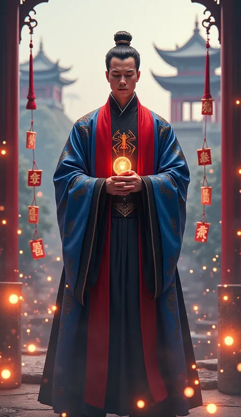 Generate an image of "The Virtue Spider man" - a Spider-Man inspired by Confucianism. He wears a traditional, blue and red costume with a Confucius emblem. A wise aura with Chinese characters surrounds him. In the background, a historic, Chinese landscape ...