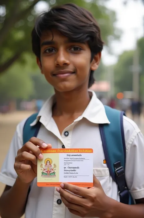 A school boy with an identity card of Sri Chaitanya educational institutions 