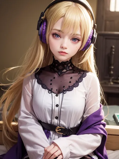 1girl,Headphones,Blonde Hair, Purple Eyes, 