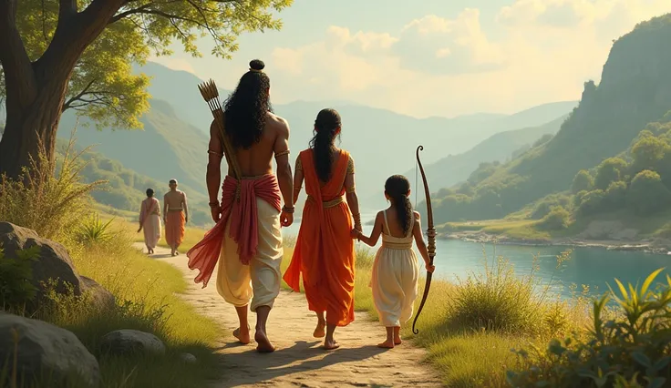 God ram, sita, laxman are walking ram have a dahnus and background man are also walking or house 