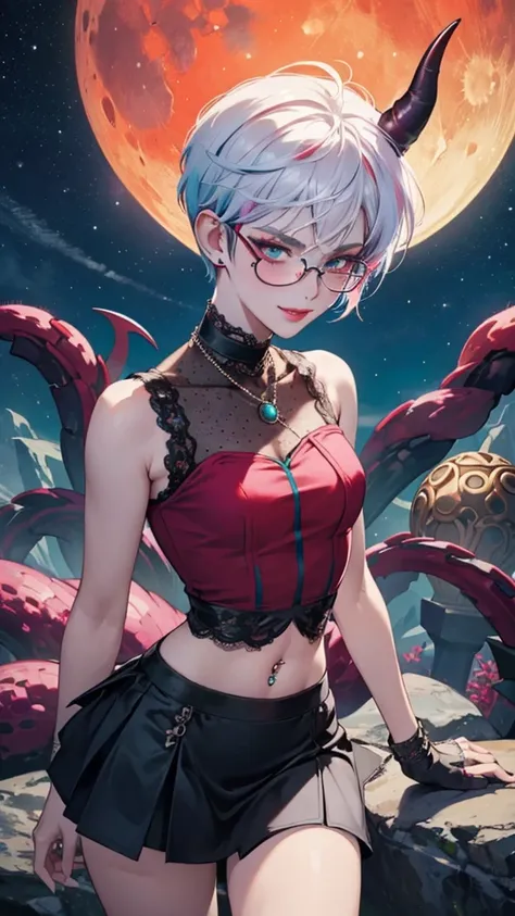 8k, masterpiece, best quality, highly detailed, 1 girl, tiefling, warlock, pixie cut, multicolored hair, very short straight hair red highlight hair on white hair, strippled hair, wearing glasses, round glasses, earrings, navel piercing, red eyeshadow, lon...