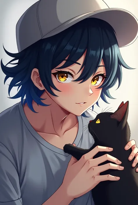 teenage boy, not so short dark hair and blue tips, yellow right eye, dark left eye, confident expression, cat, gray cap